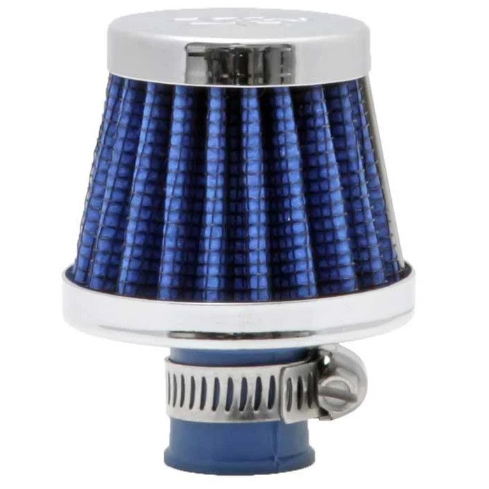 K&N 62-1600BL cone-shaped crankcase vent filter with blue synthetic media and an embossed chrome top.