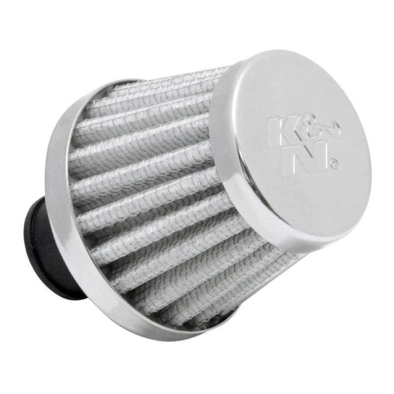 K&N 62-1600WT cone-shaped crankcase vent filter with white synthetic media, chrome top, and 0.375-inch rubber flange.