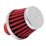 K&N cone-shaped crankcase vent filter with red synthetic media, chrome top, and black rubber base.