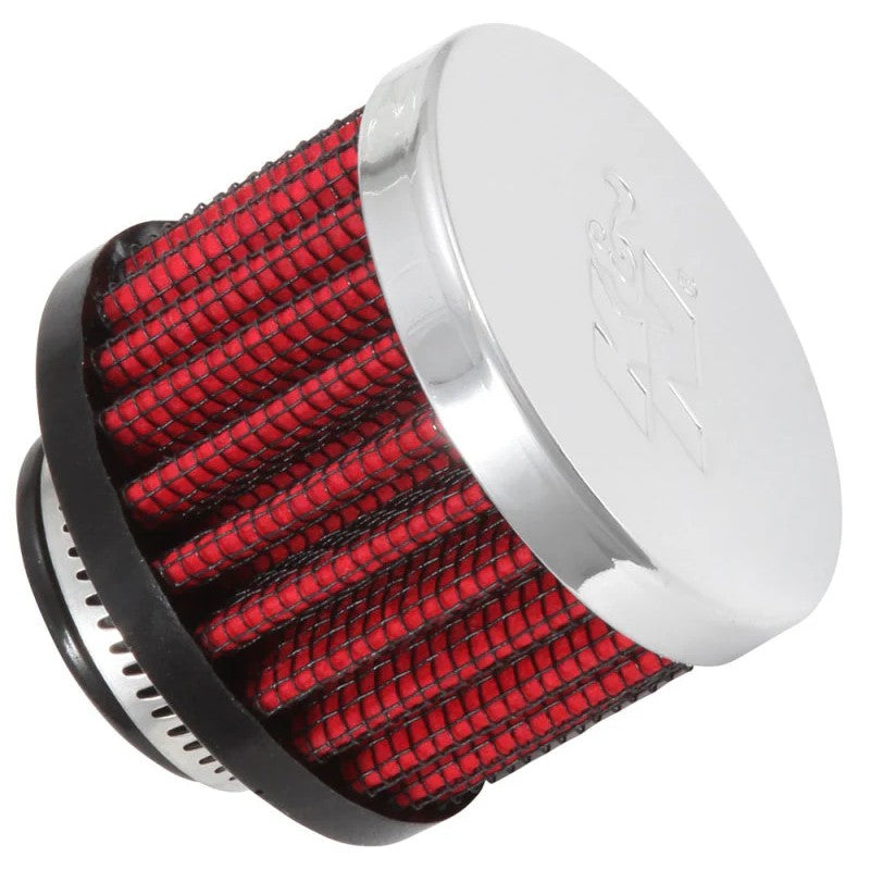 K&N 62-1360 crankcase vent filter featuring an embossed chrome top and a 3/4 inch ID rubber base inlet.
