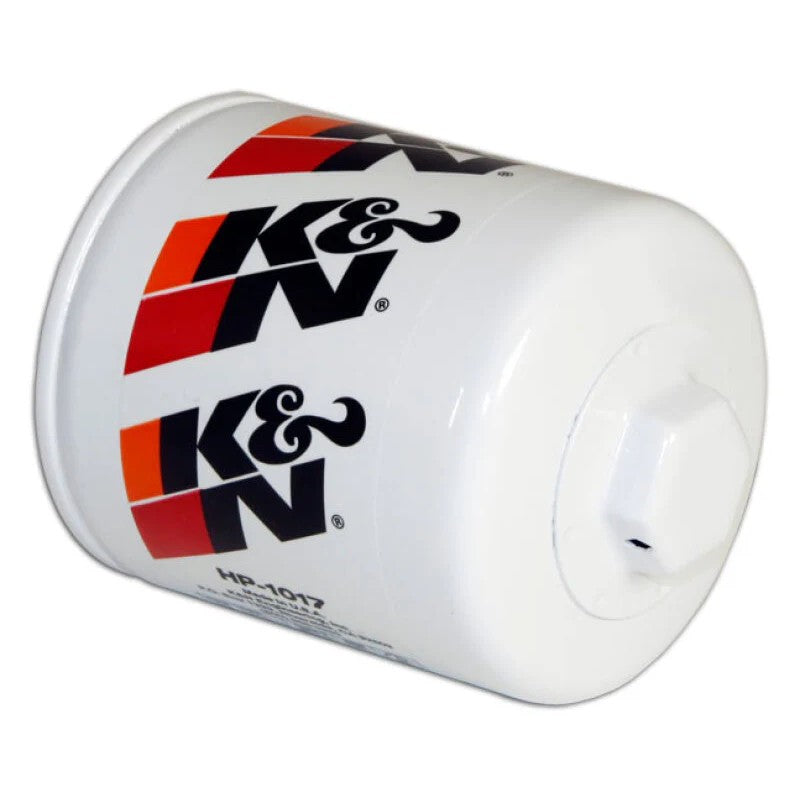 K&N HP-1017 Performance Gold Oil Filter featuring a black heavy-duty canister and 1-inch welded removal hex nut.