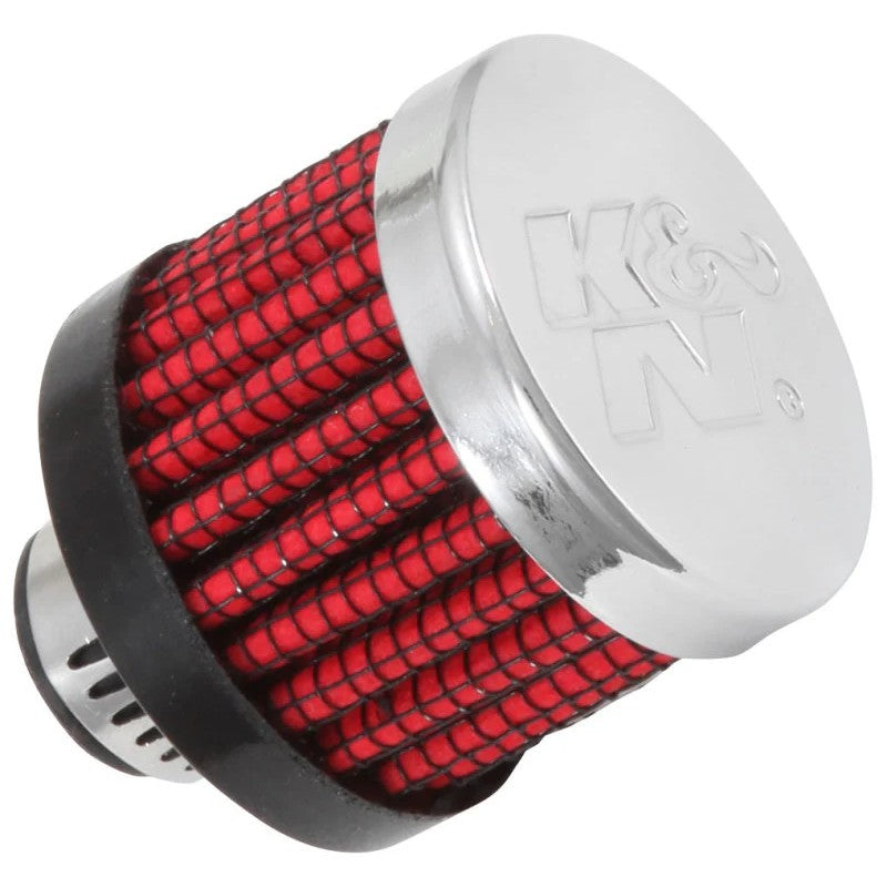 K&N 62-2470 crankcase vent filter with embossed chrome top, red synthetic media, and black rubber clamp-on flange.