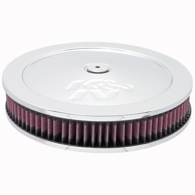 K&N round custom air cleaner assembly with 11-inch diameter top plate and 5 1/8-inch flange base.