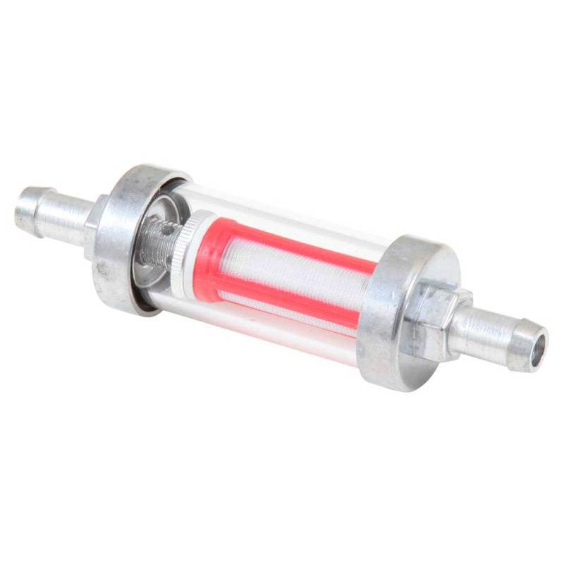 K&N 81-0300 clear glass in-line fuel filter with mesh element and chrome-finish barbed ends.