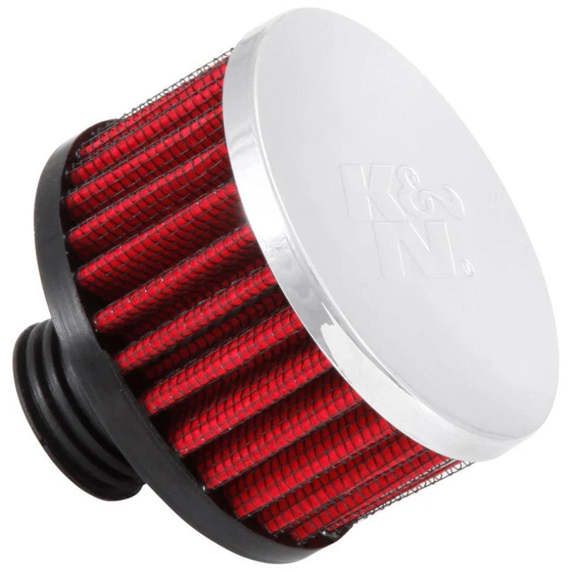 K&N 62-1495 crankcase vent filter featuring an embossed chrome top and a 0.5 inch rubber flange base.