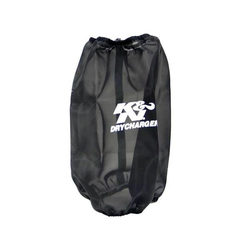 Black round tapered K&N Drycharger air filter wrap RC-4780DK with silicone-treated polyester mesh.