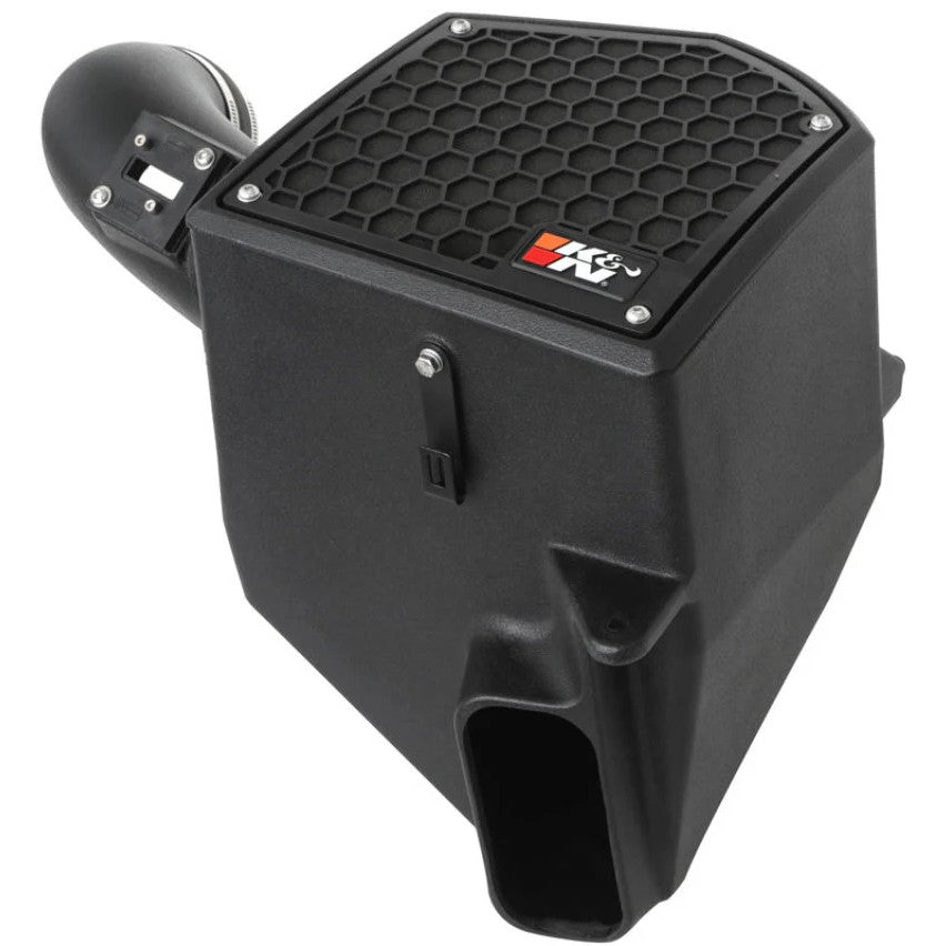 K&N 63 Series AirCharger intake system with black HDPE tube and enclosed air box for 3.0L Duramax diesel engines.