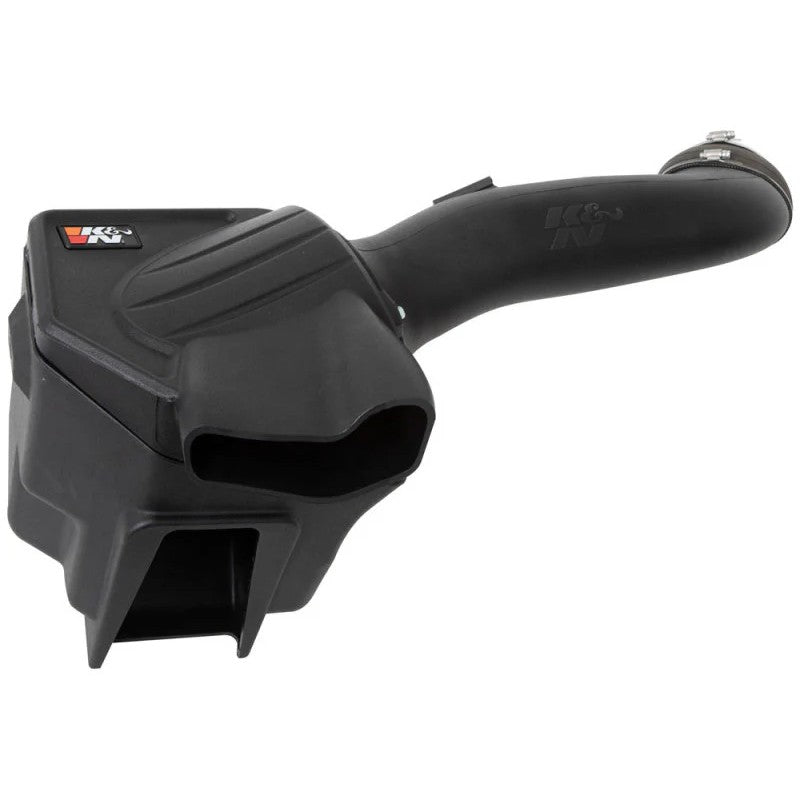 K&N 63 Series AirCharger performance intake with black HDPE tube, enclosed air box, and red oiled cotton air filter.