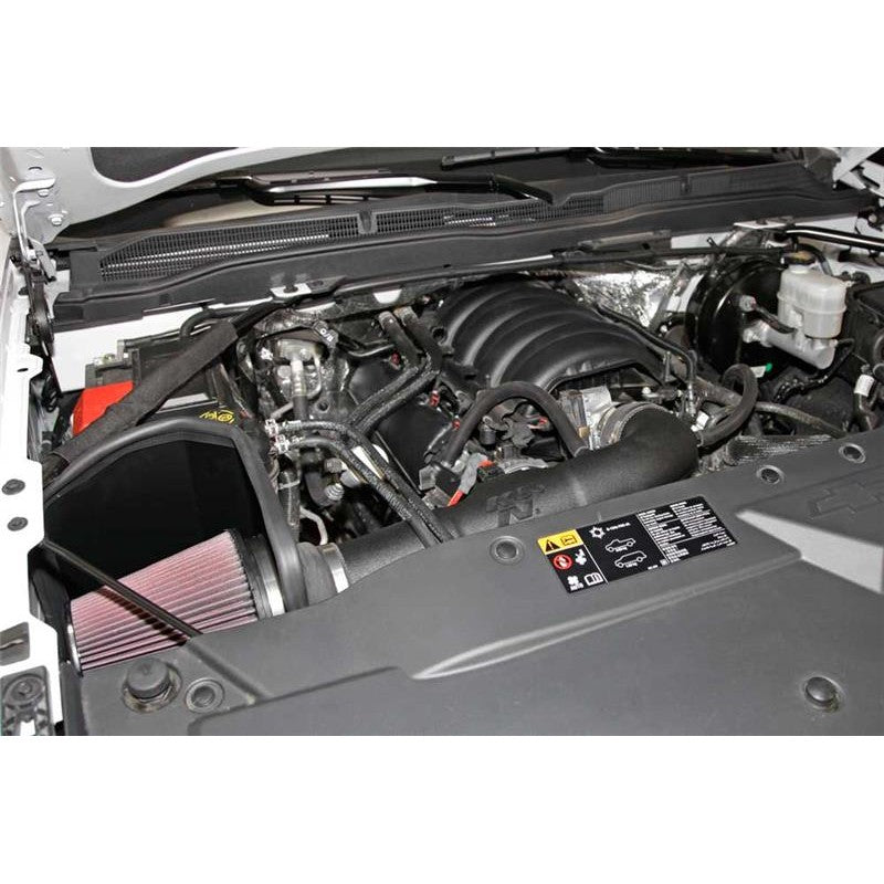 K&N 63 Series AirCharger intake kit with black HDPE tube, conical red oiled filter, and black heat shield
