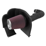 K&N 63 Series AirCharger intake system with black HDPE induction tube, heat shield, and red oiled cotton conical filter