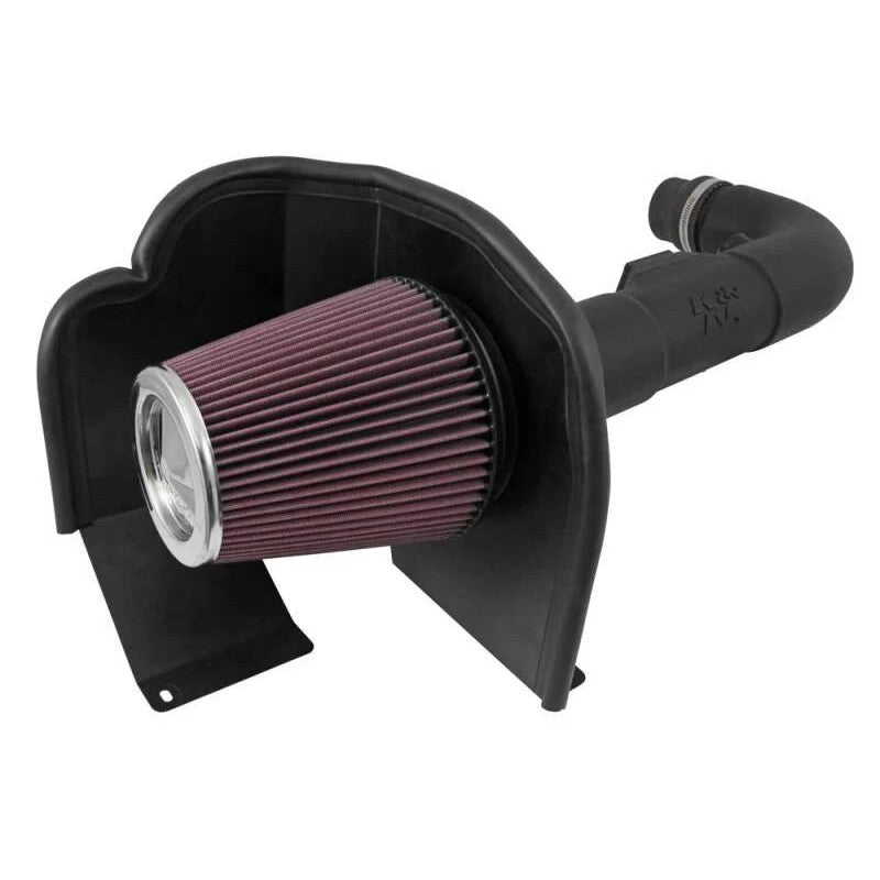 K&N 63 Series AirCharger intake system with black HDPE induction tube, heat shield, and red oiled cotton conical filter