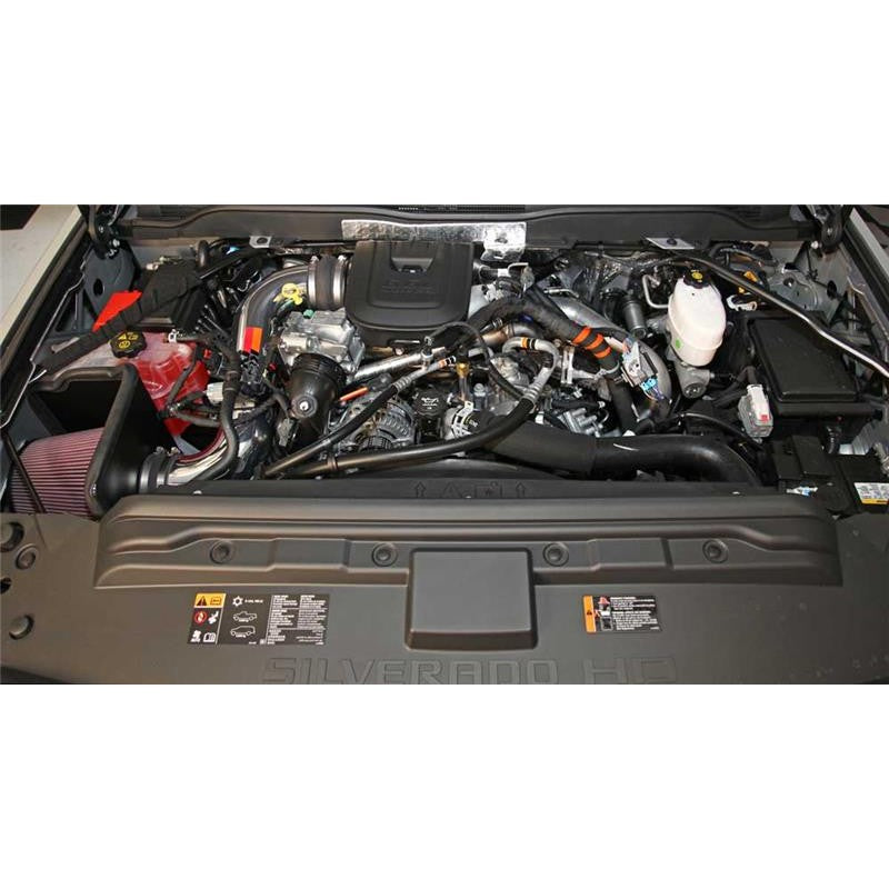 K&N 77 Series performance air intake kit featuring a polished aluminum tube, black heat shield, and red conical filter.