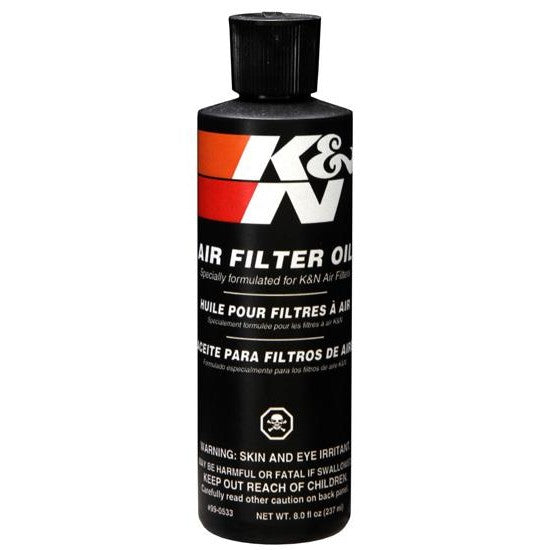 K&N 8 ounce squeeze bottle of red air filter oil for cotton gauze filter maintenance.