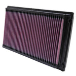 K&N 33-2031-2 washable high-flow drop-in air filter with red oiled cotton media and durable black frame.