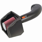 K&N 57-3026 Performance Air Intake Kit featuring black HDPE intake tube, heat shield, and red oiled cotton air filter.