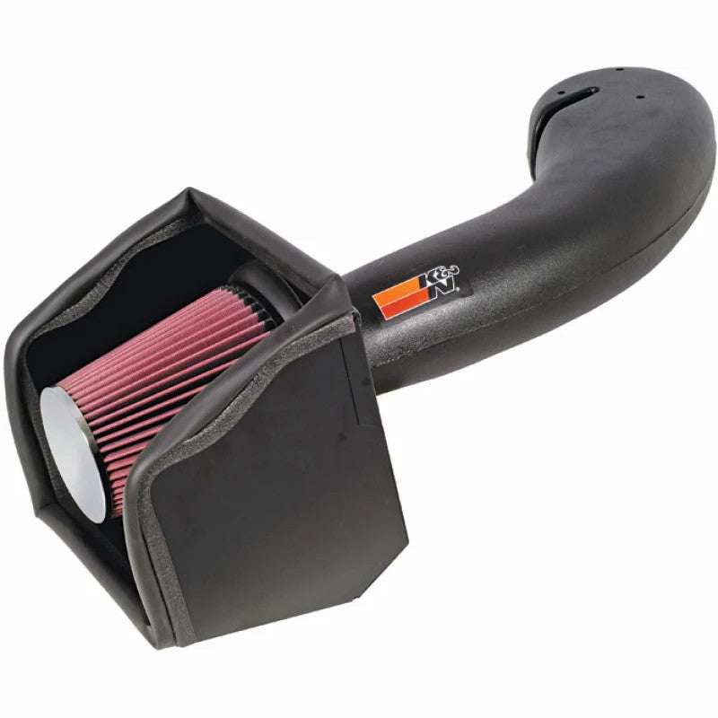 K&N 57-3026 Performance Air Intake Kit featuring black HDPE intake tube, heat shield, and red oiled cotton air filter.