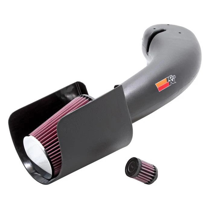 K&N 57-3027 Performance Intake Kit featuring a black HDPE intake tube and red conical oiled cotton air filter.