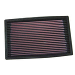 K&N 33-2034 rectangular drop-in air filter with red pleated oiled cotton media and black rubber seal.