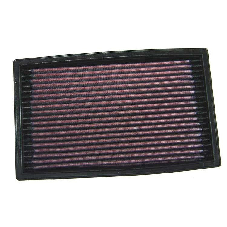 K&N 33-2034 rectangular drop-in air filter with red pleated oiled cotton media and black rubber seal.