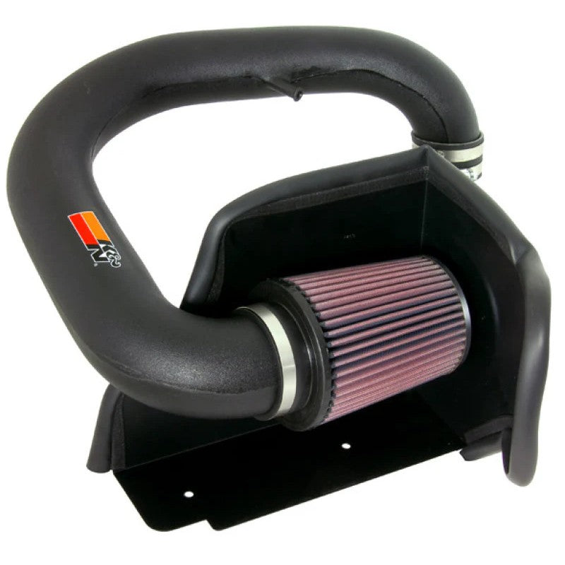 K&N 57-1521 intake kit for 1991-1995 Jeep Wrangler featuring black HDPE tube, red conical filter, and custom heat shield