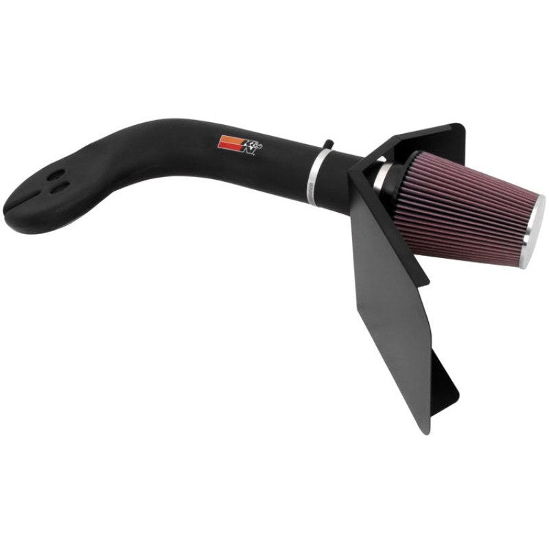 K&N 57 Series FIPK intake system with black HDPE tube, red oiled cotton conical air filter, and steel heat shield.