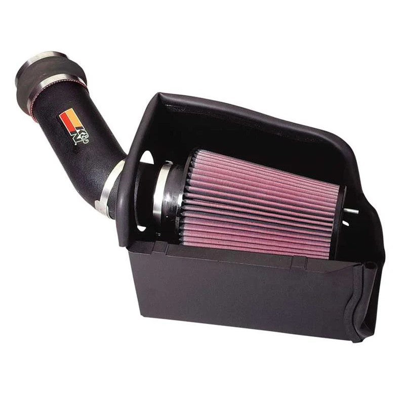 K&N 57-2531 intake kit featuring a black HDPE tube, red oiled cotton conical filter, and custom steel heat shield.