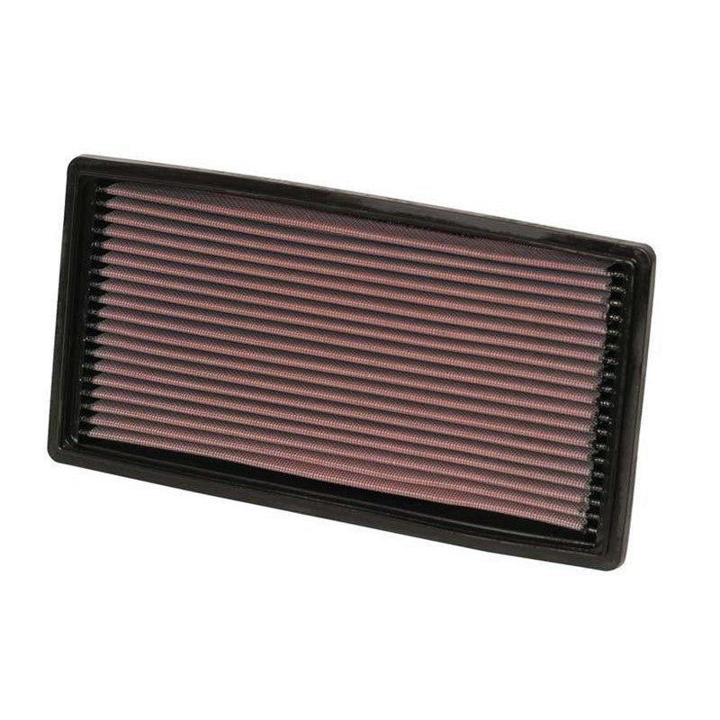 K&N 33-2042 rectangular drop-in high-flow air filter with red pleated oiled cotton media.