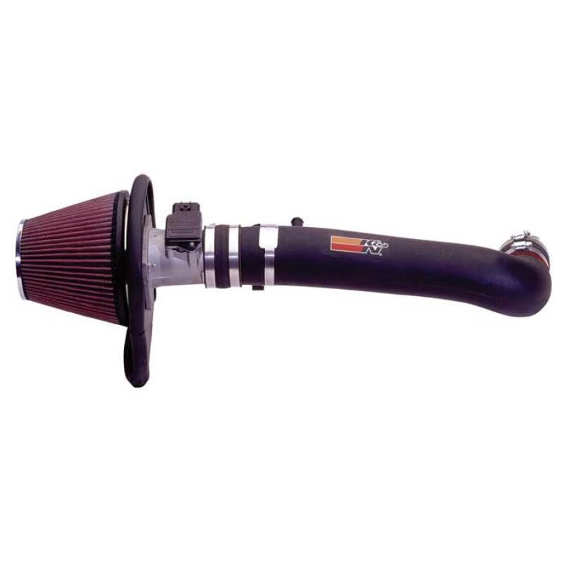 K&N 57 Series performance intake kit featuring a black HDPE tube, red oiled cotton filter, and steel heat shield.