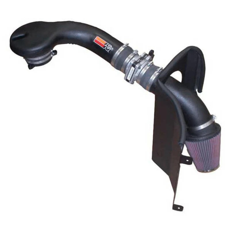 K&N 57-3017-2 performance intake system with black HDPE tube, heat shield, and red conical oiled cotton air filter.