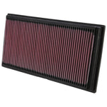K&N 33-2128 high-flow replacement air filter featuring pleated oiled cotton media and a black rubber seal.