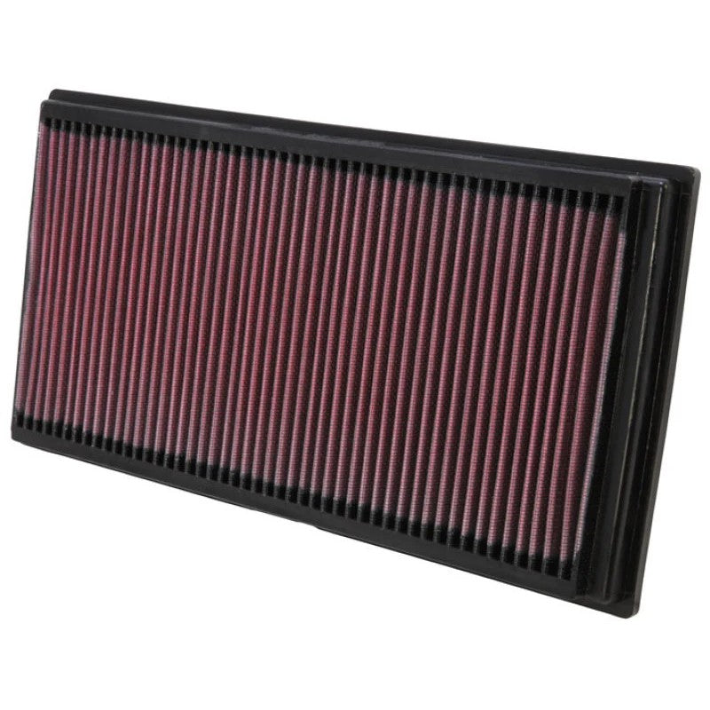 K&N 33-2128 high-flow replacement air filter featuring pleated oiled cotton media and a black rubber seal.