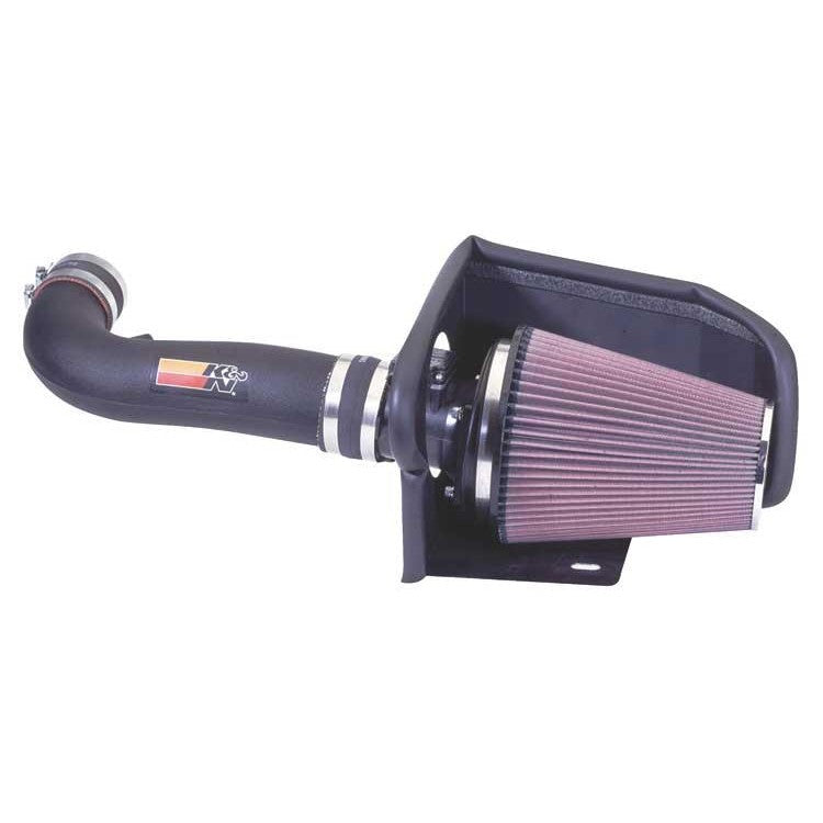 K&N 57 Series air intake system with black HDPE tube, red conical oiled filter, and black heat shield