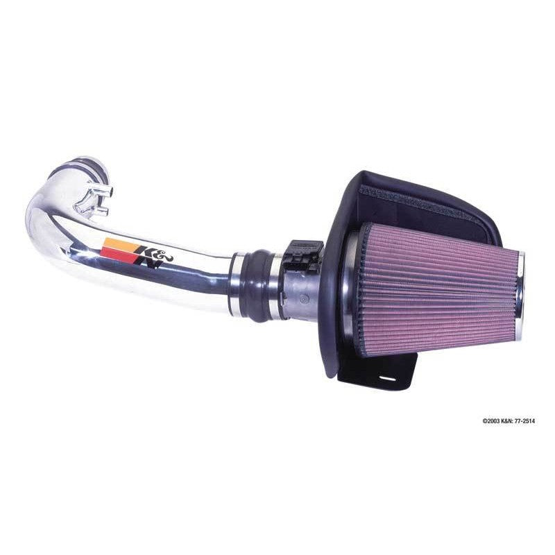 K&N 77-2514KP cold air intake system featuring a polished aluminum intake tube and conical red oiled cotton air filter.