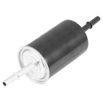 K&N PF-2000 high-performance fuel filter featuring a silver carbon steel housing and rolled seam construction.