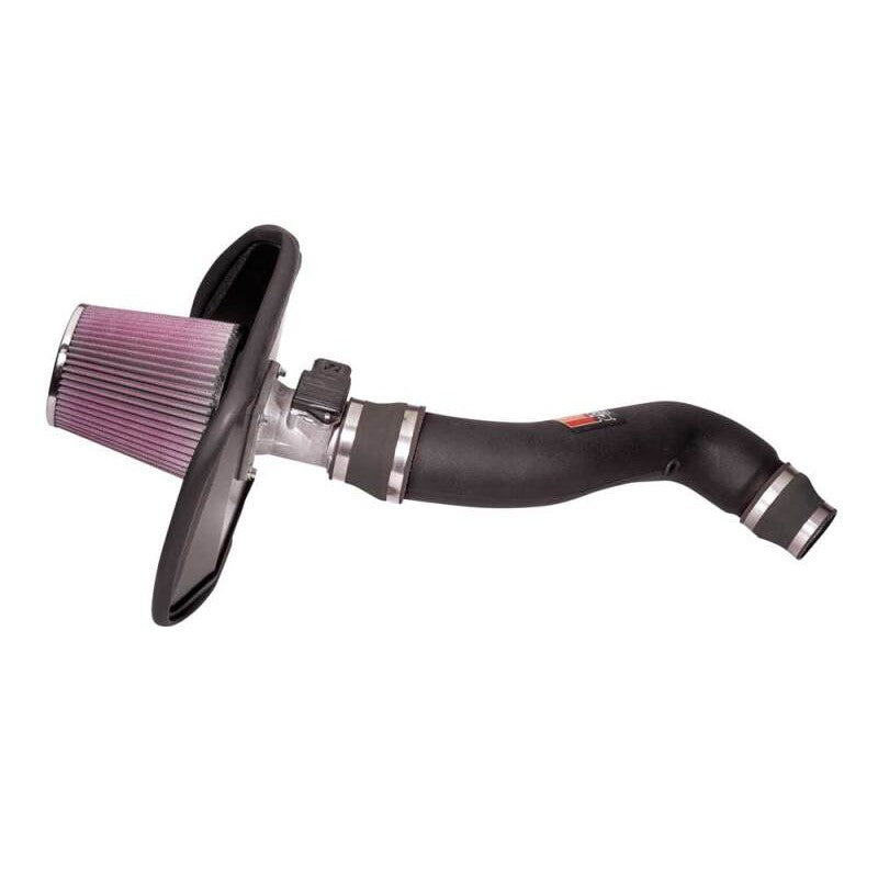 K&N 57 Series FIPK air intake system with black HDPE tube, red conical air filter, and metal heat shield.