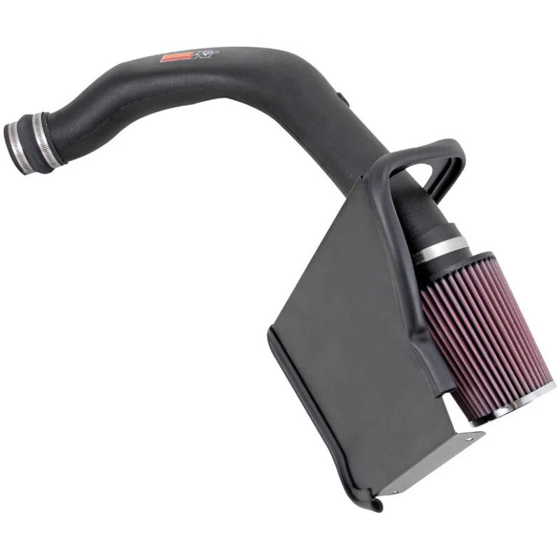 K&N 57-3025-1 air intake kit featuring a black HDPE tube, red conical air filter, and black heat shield.