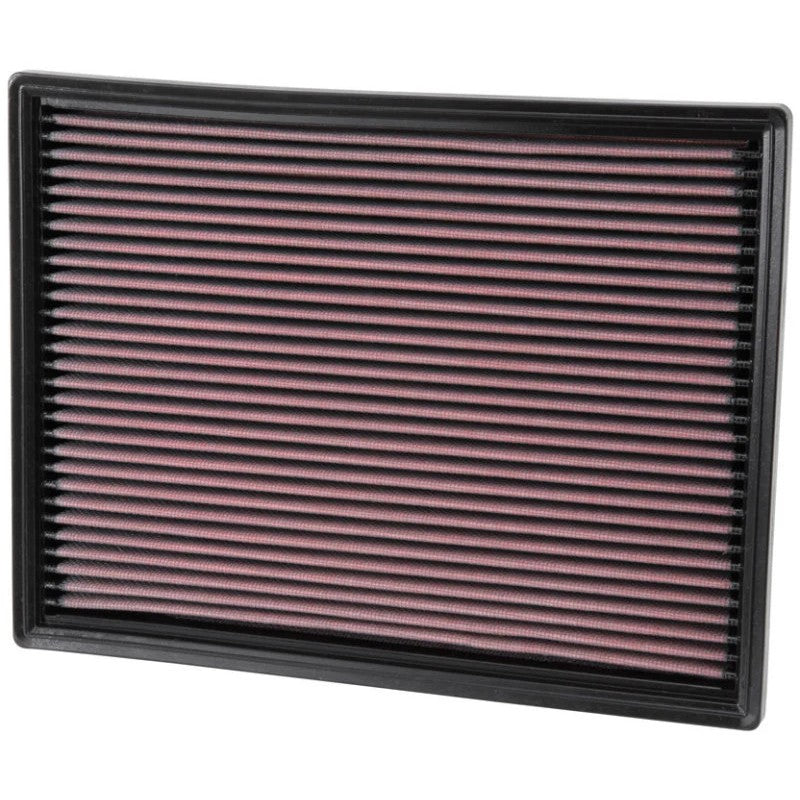 K&N 33-2703 high-flow drop-in air filter with red pleated oiled cotton media and black rubber perimeter seal.