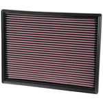 K&N 33-2703 high-flow drop-in air filter with red pleated oiled cotton media and black rubber perimeter seal.