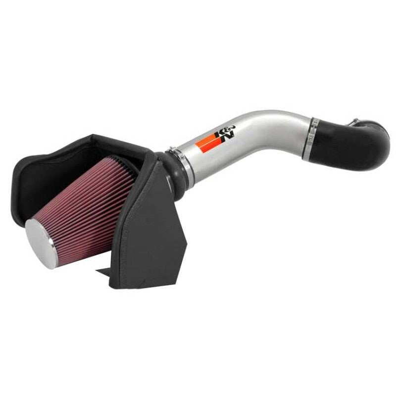 K&N 77-3021KP polished aluminum cold air intake kit with red conical air filter and heat shield.