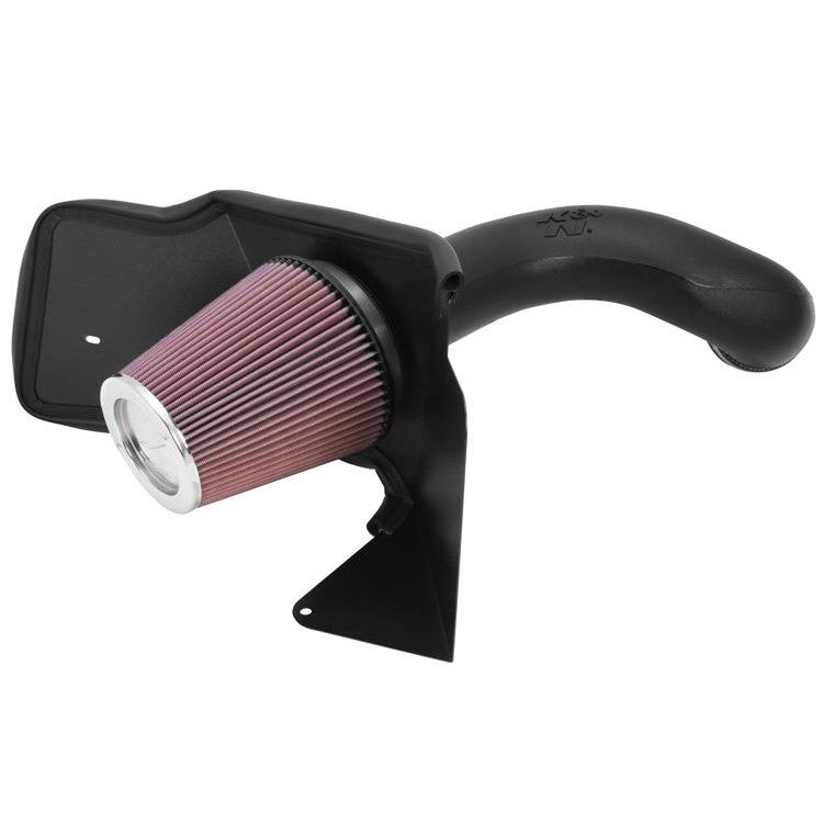 K&N performance intake kit featuring black HDPE tube, oiled cotton air filter, and custom heat shield for V8 engines.