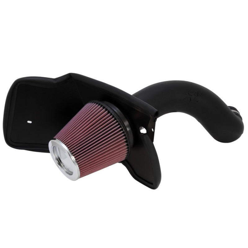 K&N 57-3023-1 performance intake kit with HDPE tube, oiled cotton conical air filter, and custom black heat shield.