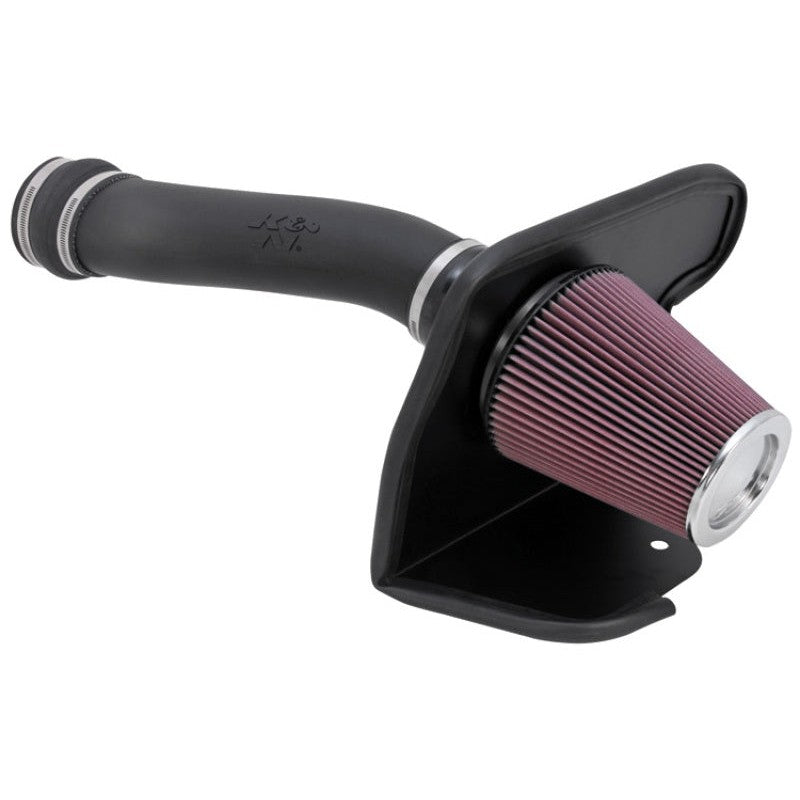 K&N performance air intake kit with black HDPE tube and red conical oiled cotton air filter for Ford V10 engines.