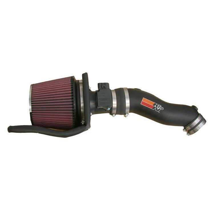 K&N 57-2532 air intake system with black HDPE tube, conical air filter, and heat shield for 99-04 Mustang 3.8L.