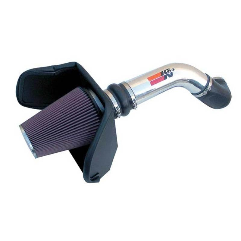 K&N 77-3023KP performance intake kit with polished aluminum tube, heat shield, and red oiled cotton conical air filter