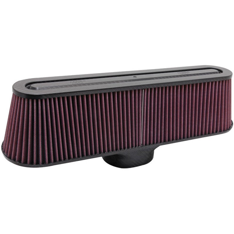K&N RP-5135 clamp-on air filter featuring a glossy carbon fiber top, red oiled cotton media, and carbon fiber base.