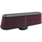 K&N RP-5135 clamp-on air filter featuring a glossy carbon fiber top, red oiled cotton media, and carbon fiber base.