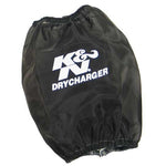 Black K&N Drycharger round tapered air filter wrap, silicone-treated polyester for water repellency.