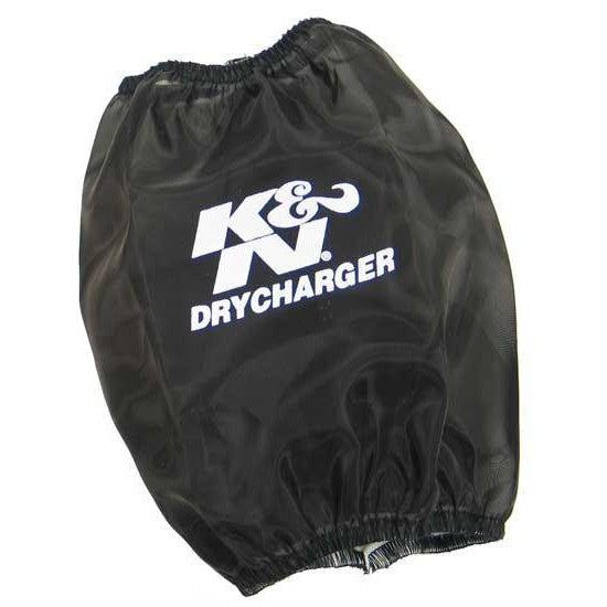 Black K&N Drycharger round tapered air filter wrap, silicone-treated polyester for water repellency.