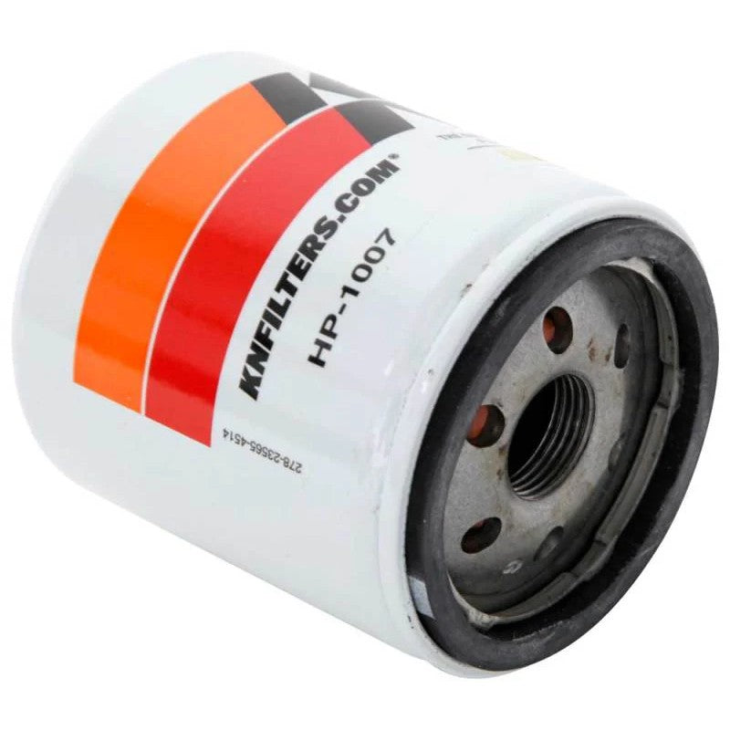 K&N HP-1007 Performance Gold oil filter with white heavy-duty canister and welded 1-inch hex nut for removal