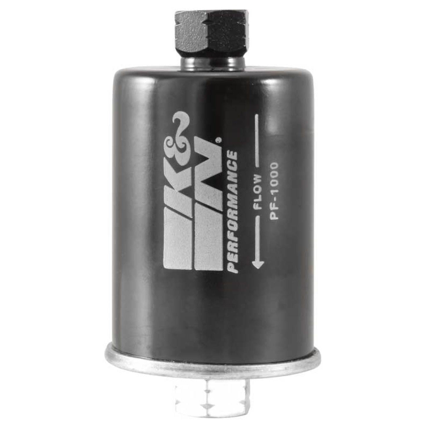 K&N PF-1000 fuel filter with high-strength carbon steel housing and performance cellulose glass media.